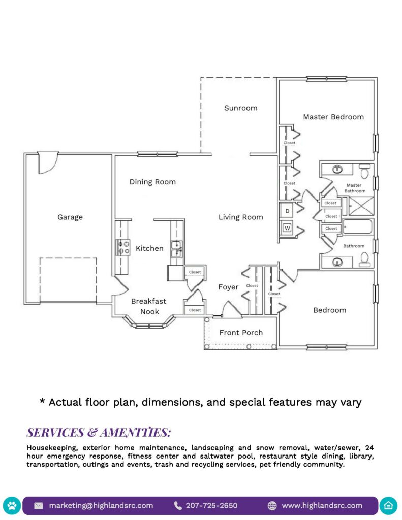 Floor plan of a single-story home: garage, kitchen, breakfast nook, dining room, living room, foyer, front porch, sunroom, and a master bedroom with bathroom and closets on the right.