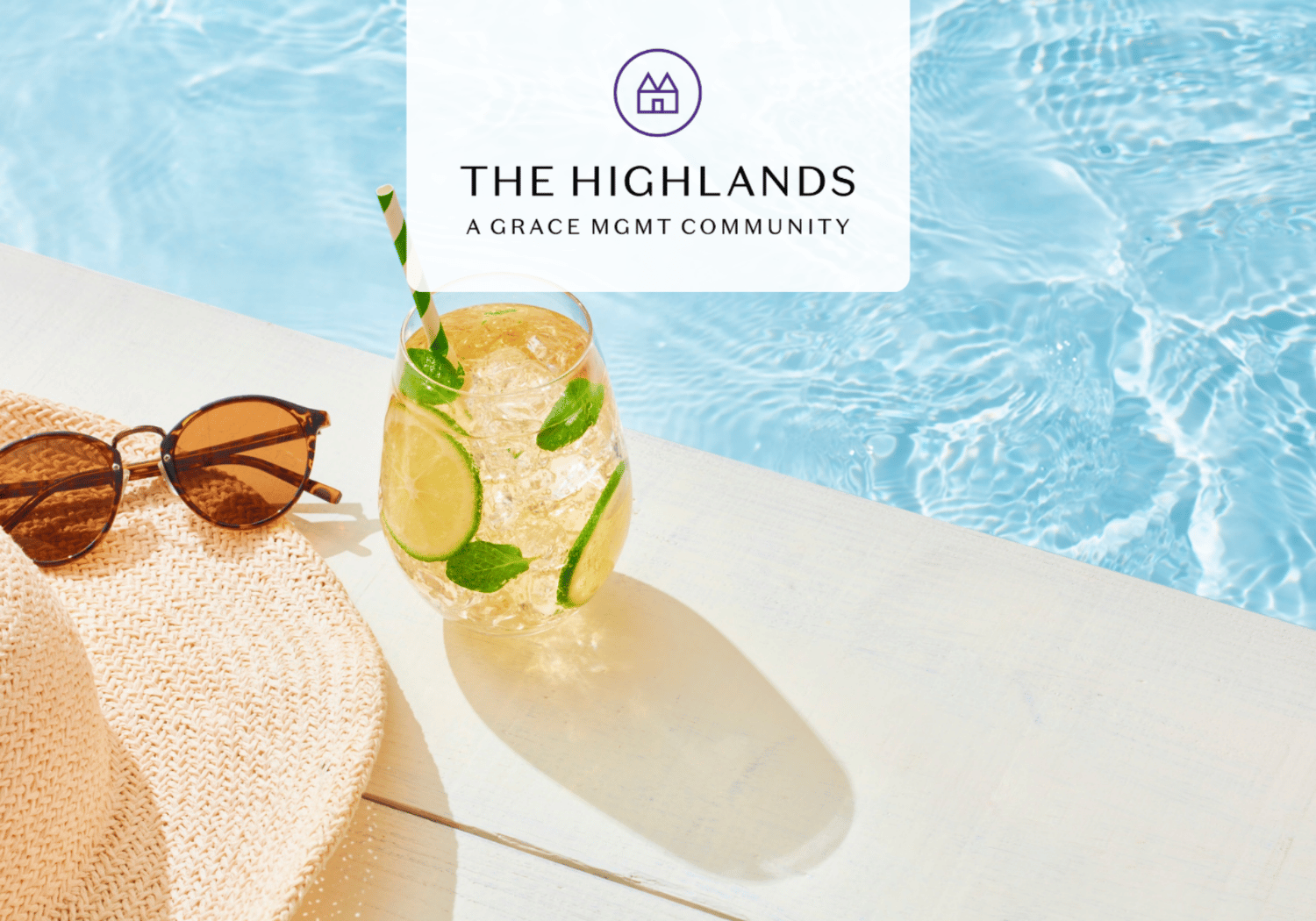 Poolside scene with a citrus drink, lime and mint, on a white deck; sunglasses and a straw hat nearby; The Highlands logo overlayed.