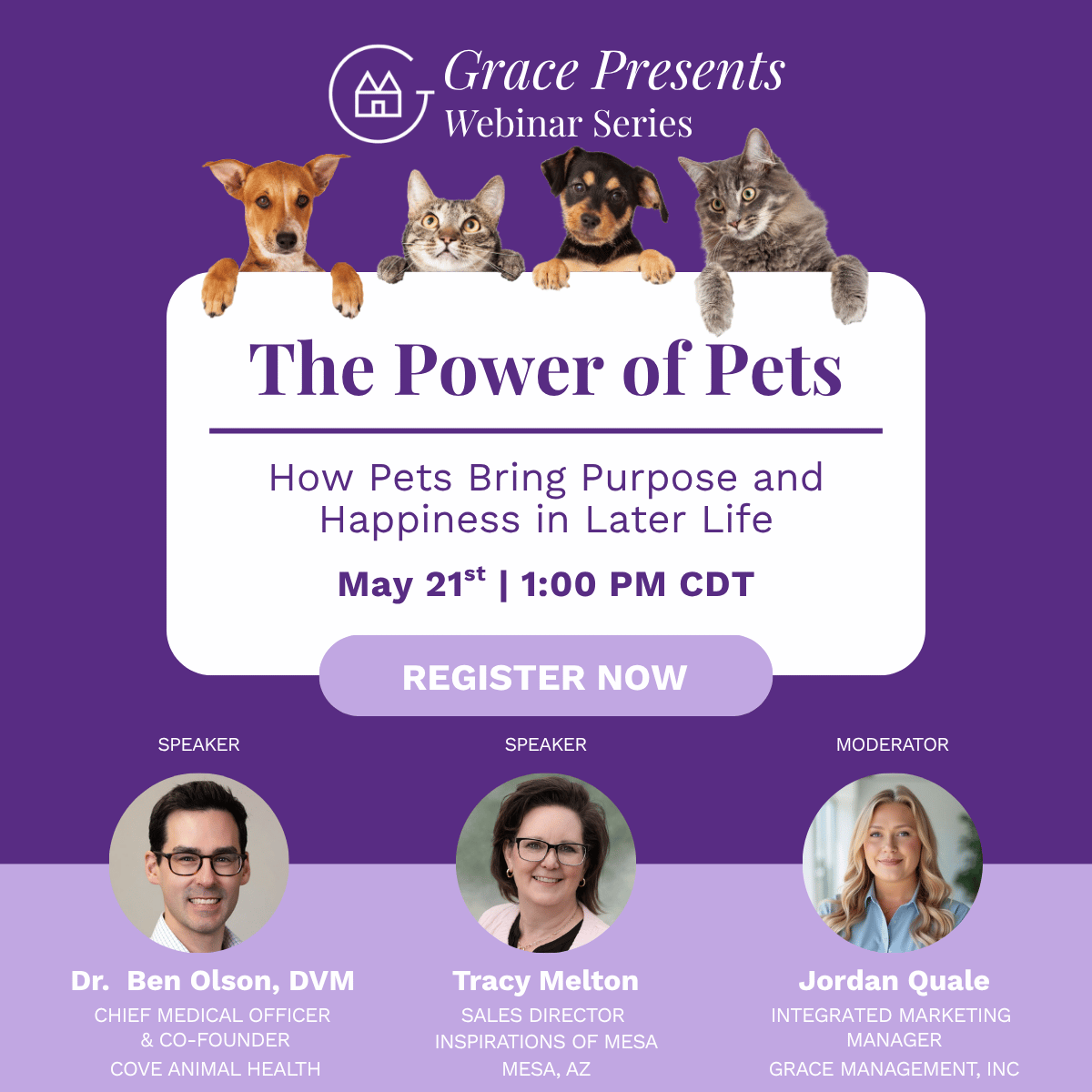 Purple Grace Presents Webinar Series banner featuring four pets atop a white rounded panel with the title 'The Power of Pets' and a 'Register Now' button, plus speaker headshots below and names/titles.