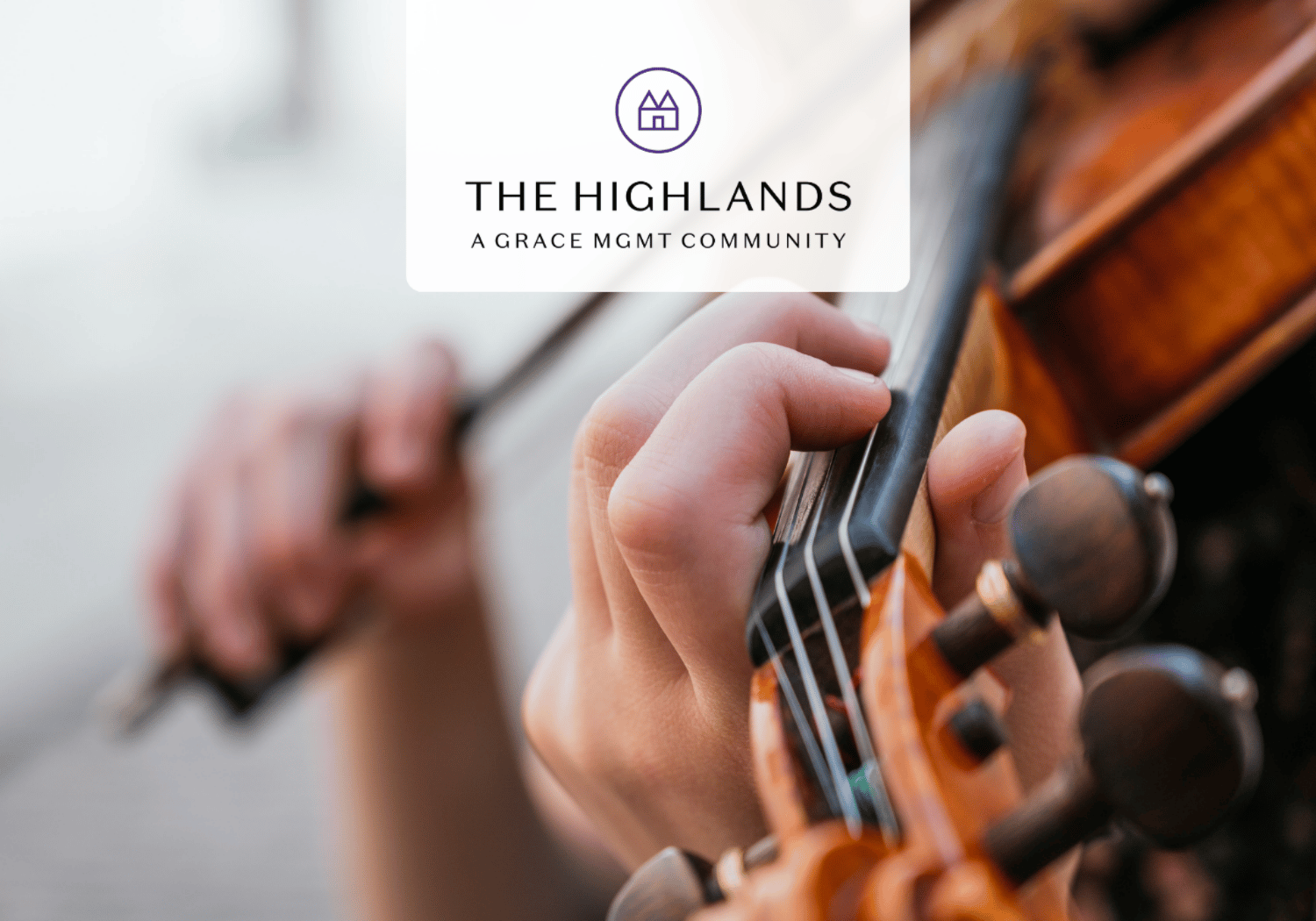 Close-up of a violinist's hand on the strings with a white rounded logo overlay that reads 'The Highlands' (Grace MGMT Community).