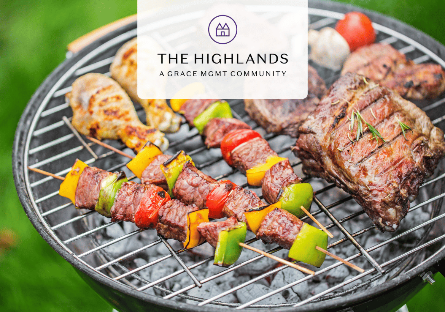 Barbecue grill with beef skewers and vegetable chunks cooking over charcoal, green lawn in the background, overlaid with a translucent logo reading The Highlands.