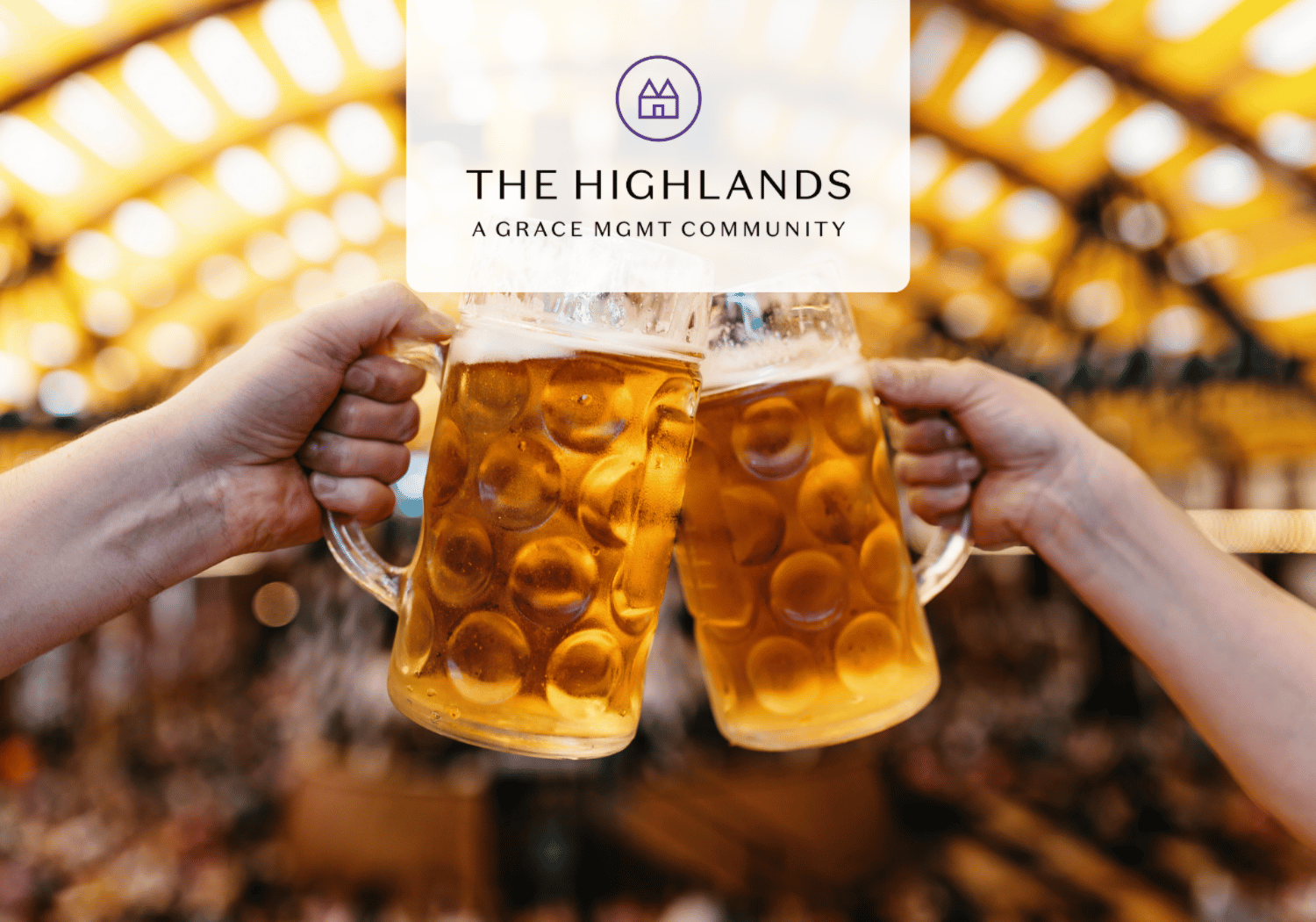 Two beer mugs clink in a lively bar, with The Highlands logo overlaid at the top.